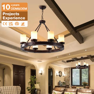 Lampadario in Legno Stile Fattoria per Sala da Pranzo, Lampada a Sospensione Rotonda con Paralume in Vetro per Cucina - Product Image 1