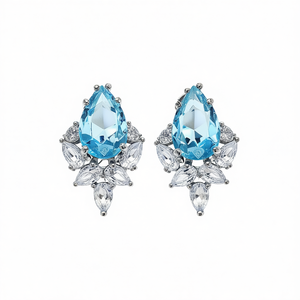 Orecchini a perno con cristalli blu taglio a pera, design floreale, montatura a griffe, gioielli romantici da donna, accessorio per feste - Product Image 1