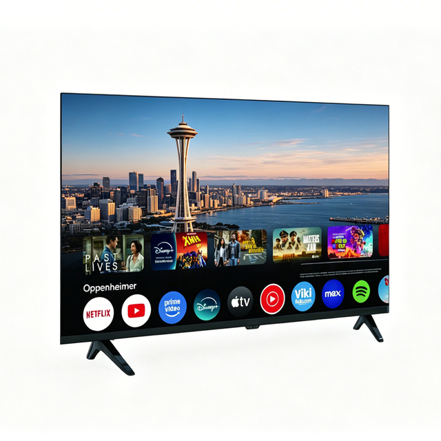 LED TV Factory OEM Custom Android 12.0 Smart TV 4K HDTV Hotel Use 50-100 Inch with 9 Languages Black Cabinet