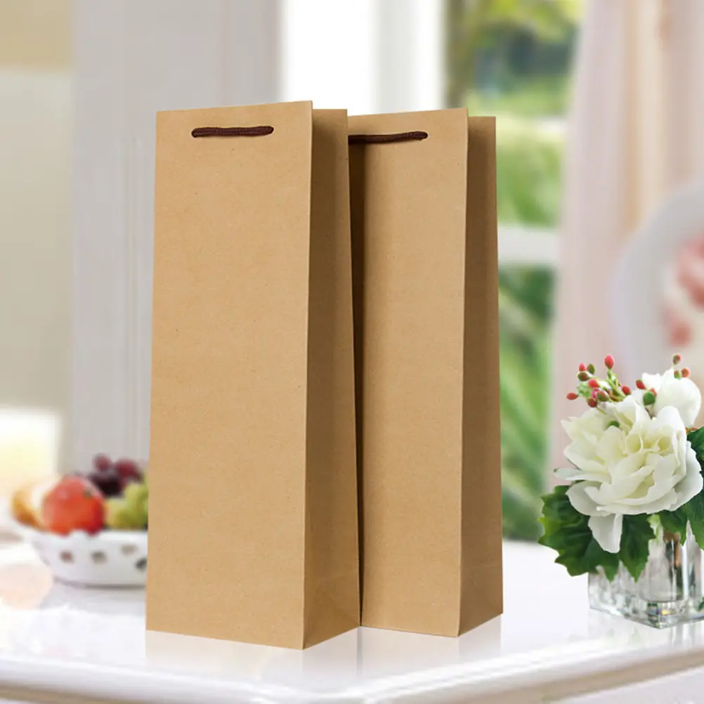Bolsas de vino de papel de paquete de compras marrón de tamaños estándar baratos de moda personalizados con asa de cinta