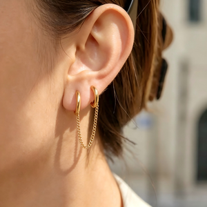 Boucles d'oreilles tendance personnalisées en acier inoxydable plaqué or PVD 18 carats, à deux anneaux et pampilles, design géométrique pour usage quotidien - Product Image 3