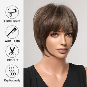 Pelucas Cortas Sintéticas para Mujer, Corte Pixie, Marrón con Mechas Rubias, Pelucas Bob con Flequillo, Resistentes al Calor, para Cosplay, Fiestas, Cabello Postizo - Product Image 6