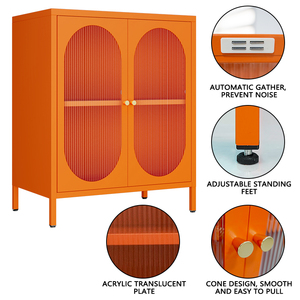 <span class=keywords><strong>Buffet</strong></span> moderne en métal et verre incurvé à 2 niveaux avec double porte et casier à cadre en acier pour rangement de salle à manger - Product Image 5