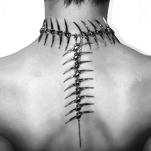 European New Silver Thorn Horn Spiky Fishbone <strong>Back</strong> <strong>Drop</strong> <strong>Necklace</strong> Surrealist Futuristic Fashion Item - Product Image 1