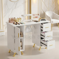 Table de manucure blanche avec collecteur de poussière, pieds en métal doré, station de salon de manucure, armoire de rangement, bureau de travail pour technicien des ongles pour institut de beauté