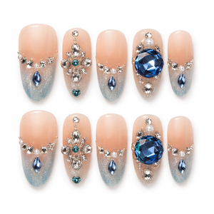 Uñas Postizas con Degradado Azul y Pedrería, Forma Almendrada, Cobertura Total, para Salón o Fiestas - Product Image 1