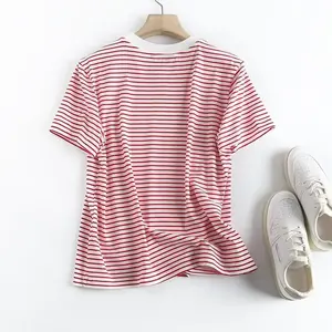 Casual Strip T-shirt Yarn Dyed Short Sleeve Women Round Neck T-shirt Loose Tops Mujer Summer T-shirts for Ladies