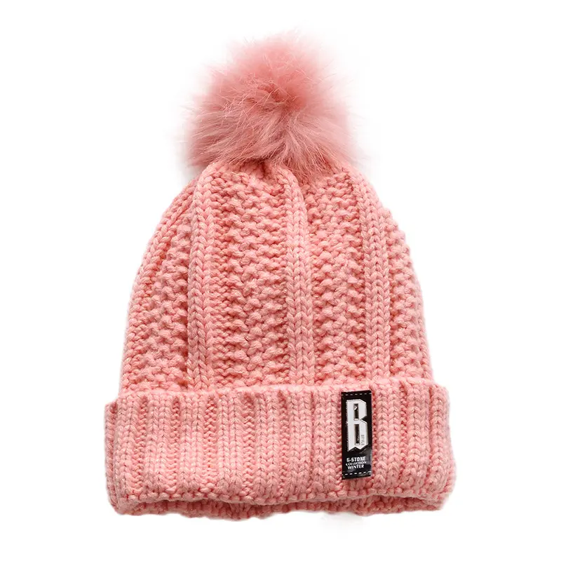 Custom Logo Fashionable Long Knitted Knit Cap With Pom Pom Winter Beanie Hat