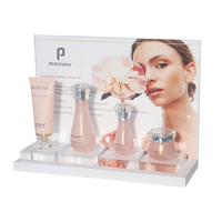 Support de Cosmétiques en Acrylique en Gros avec Panneau Graphique Imprimé et Blocs Acryliques Détachables, Unité d'Exposition Moderne pour Soins de la Peau