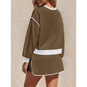 Ensemble de survêtement 2 pièces pour femme : Sweat-shirt à col rond et jupe-short taille haute, couleur unie, décontracté, longueur au-dessus du genou - Product Image 4