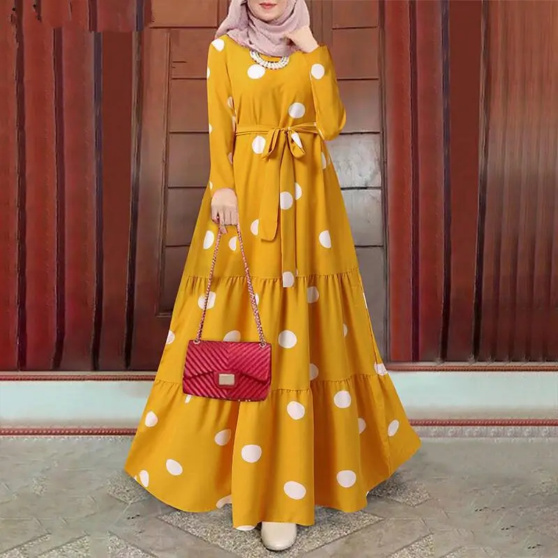 Hot Selling Polka Dot Lacing Abaya Women Muslim Dress Dubai Ethnic Tunics For Women Muslim