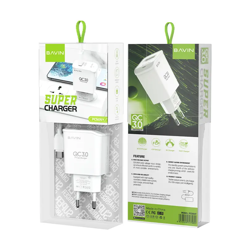 BAVIN Wholesale Custom UK EU US Plug Single USB Port QC3.0 18W Fast Charging Mobile Phone Fast Charger PC505Y