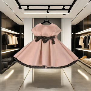 Vestido de Fiesta para Niñas 2026, Diseño a Cuadros, Cuello Redondo, Manga Corta, Cierre Trasero con Lazo, Largo hasta la Rodilla, Silueta Trompeta/Sirena, para Verano, ODM - Product Image 1