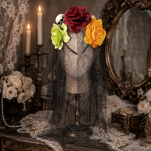 Serre-tête floral multi-tons frais rouge, orange, vert, rose, avec voile et <span class=keywords><strong>couronne</strong></span> de <span class=keywords><strong>cheveux</strong></span> en maille d'araignée - Product Image 4