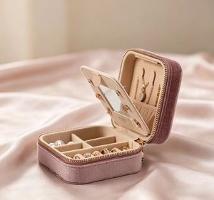 Wholesale Velvet Square Zipper Closure Fashionable Travel Jewelry Box Organizer Custom Logo Earring Ring Necklace - Product Image 1
