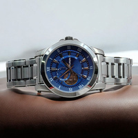 Jam Tangan Mekanik Valerius untuk Pria, Dial Biru Beralur Model Open Heart, Tali Baja