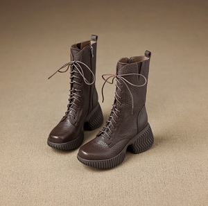 Botas de cuero con diseño de elefante en la capa superior, con cordones, cremallera lateral, tacón alto, elegantes y versátiles. - Product Image 5