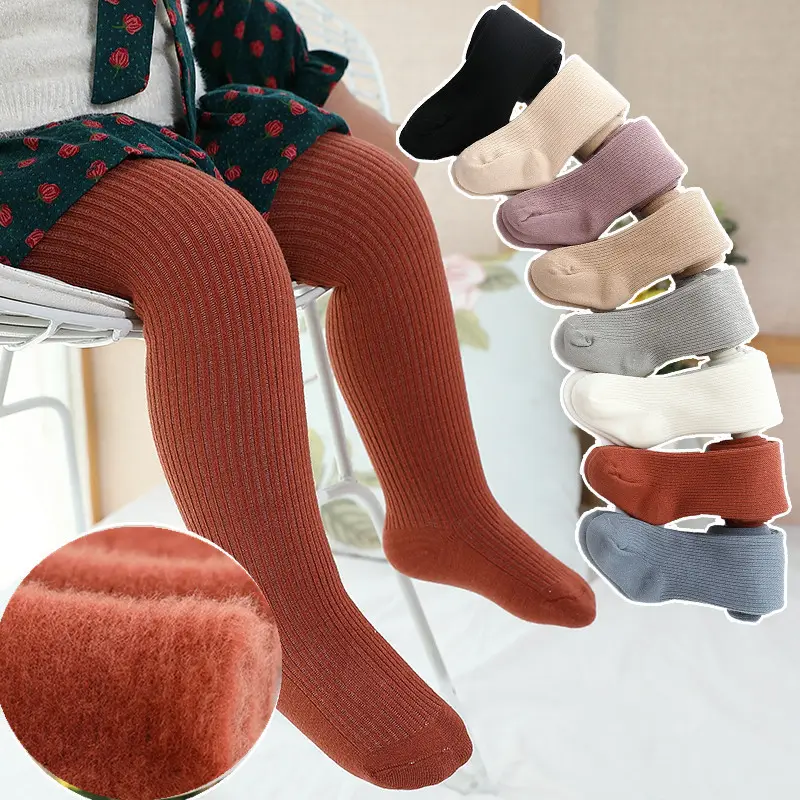 Wholesale winter plain colored cotton thick thermal fleece baby tights for girls