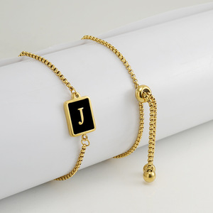 Zogxin <b>Adjustable</b> Letter Bracelet 18K Gold Plated Stainless Steel Black <b>Square</b> R Initial Women's Jewelry Gift - Product Image 2