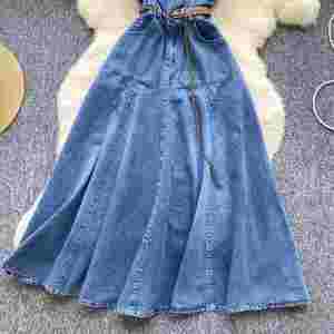 Vestido Midi Casual Vintage de Mezclilla con Cuello en V, Corte A y Diseño Slim para Mujer, Estilo Empire con Patchwork - Product Image 3