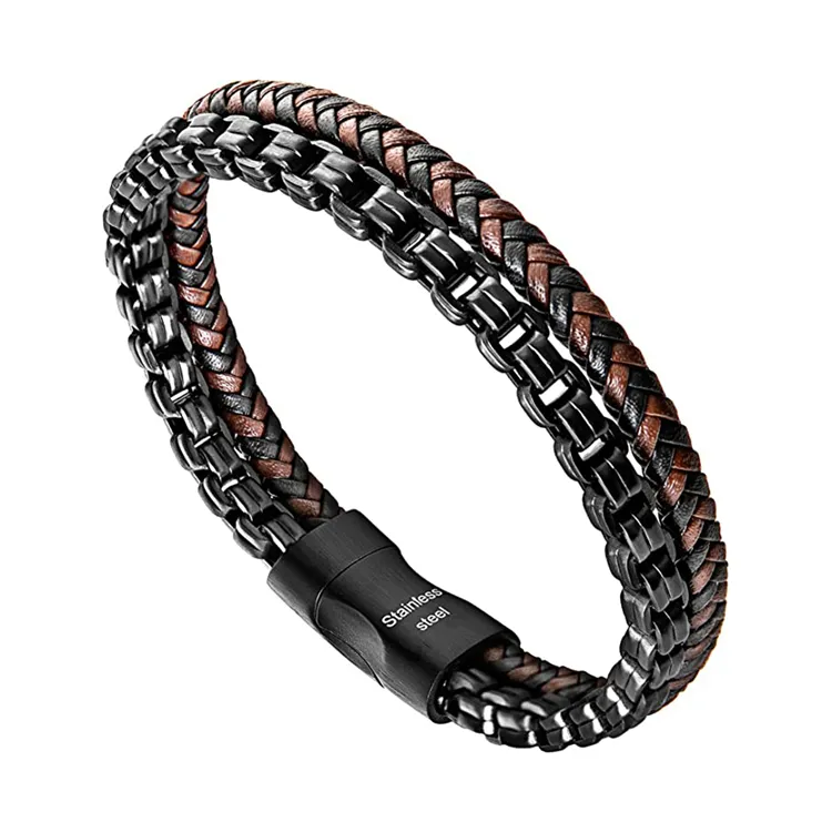 Simple Black Leather Jewelry Bracelets Wholesale Clasp Braided Chain Bracelet For Men