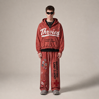 Ensemble de survêtement vintage personnalisé délavé et vieilli, 2 pièces, avec sweat à capuche court zippé orné de strass et pantalon de survêtement large, style streetwear
