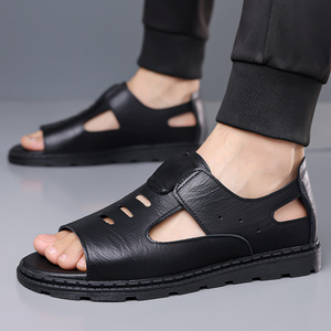 Sandales plates en cuir véritable pour hommes, à bout ouvert, avec fermeture auto-agrippante, décontractées, respirantes, semelle extérieure en caoutchouc, couleur unie, pour l'extérieur - Product Image 3