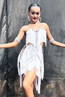 Robe de compétition de danse latine pour femmes Vennystyle - Nouveauté Spandex/Coton Cristal à franges Bretelles spaghetti Performance sur mesure