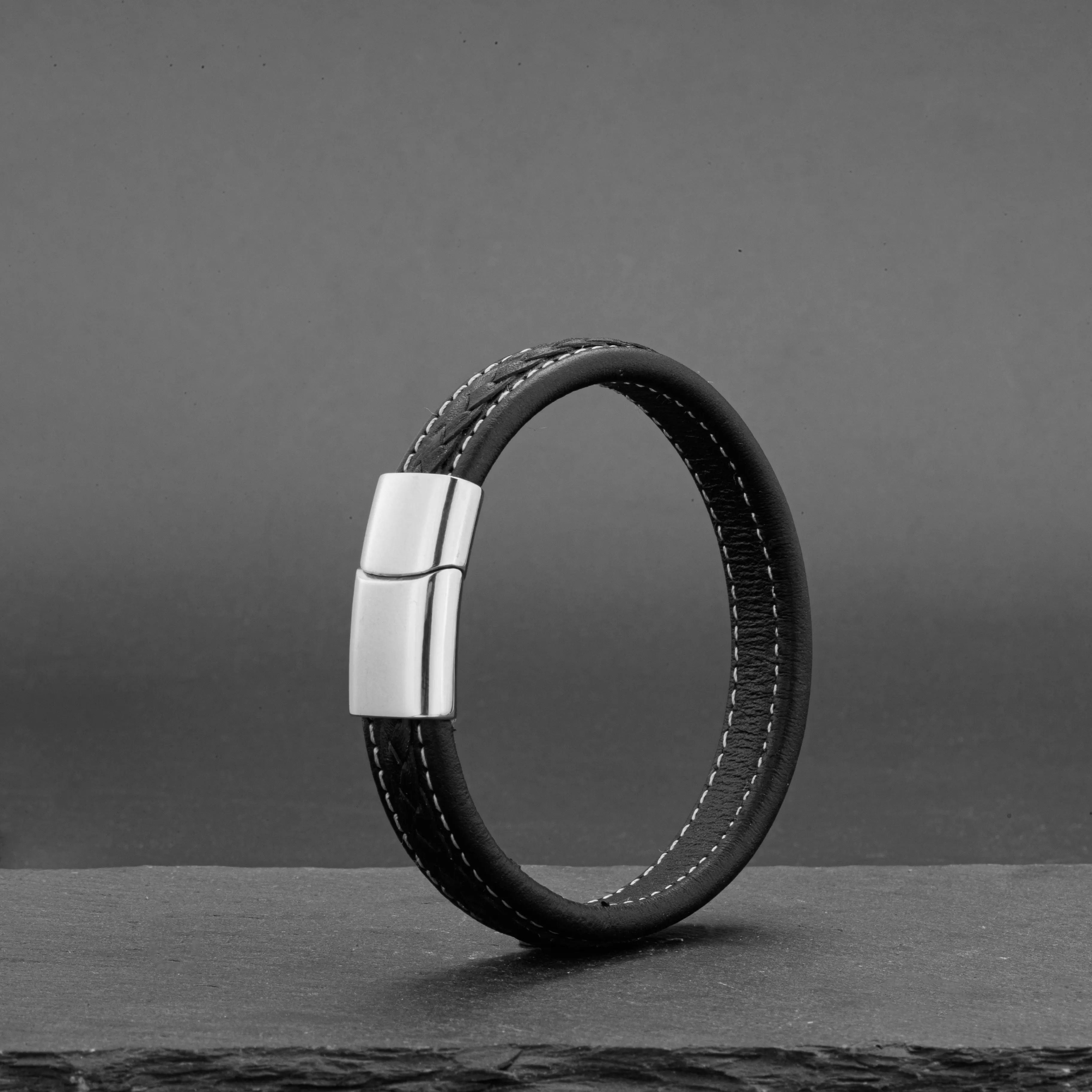 Bracelet en cuir véritable noir à fermoir magnétique pour hommes vente en gros