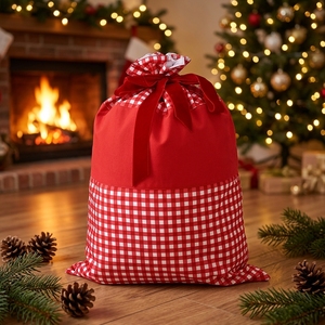 Kantong Kain Kanvas Santa Ukuran Ekstra Besar dengan Pita dan Motif Kotak-kotak, Tas Hadiah Natal dengan Tali Serut, Tas Dekorasi Liburan yang Dapat Digunakan Kembali untuk Anak-anak - Product Image 1