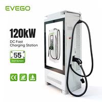 Station de recharge DC EVEGO 120 kW avec écran tactile 10,1 pouces et écran publicitaire 55 pouces, CCS2, NACS, OCPP 2.0.1, contrôlée par application, chargeur EV de qualité commerciale