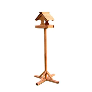 Mesa de pájaros independiente con techo de cadera, comedero para pájaros de jardín de césped al aire libre, estación de alimentación de pájaros de madera maciza