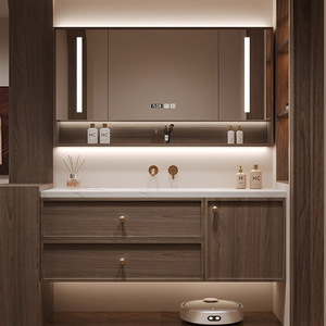 Nouvelle armoire de salle de bain en bois massif avec vasque intégrée en ardoise courbée à chaud - Product Image 1