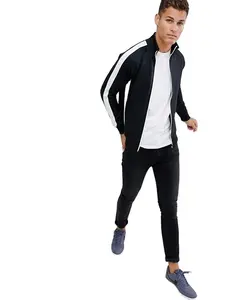 KY Jaket Lari Lengan Raglan Leher Corong, Jaket Ritsleting Pengancing Saku Samping Ramping Asli, Setelan Olahraga dengan Garis Lengan