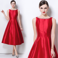 Elegante Vestido Midi Sin Mangas de Satén con Cuello Barco y Pedrería Sólida para Mujer, Cintura Natural, Lavable, Primavera/Otoño/Verano