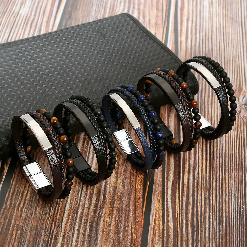 Unique Design Men Jewelry Handmade Black Natural Stone Beads Magnetic Clasp Leather Wrap Bracelets