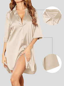 Robe chemise en soie pour femme, mi-longue, col rabattu, manches trois quarts, couleur unie, coupe ample, boutonnée sur le devant, tenue décontractée - Product Image 4