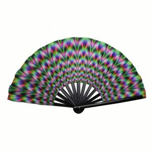 Holographic 13 Inch Custom Printed Handmade <b>Large</b> Bamboo PVC Folding Hand Held <b>Fan</b> Rave for Women and Party - Product Image 5