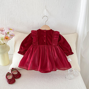 Abbigliamento Autunnale per <span class=keywords><strong>Neonata</strong></span>, Vestito Rosso in Velluto Dorato per Cerimonia dei Cento Giorni, Tutina in Cotone per Bambina - Product Image 2
