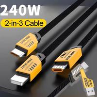 Câble de charge rapide 3 en 2 240W pour chargeur Micro USB Type C, câble de charge multi USB 1,2 m, port USB multiple, cordon de charge multi USB