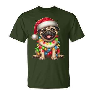 Camiseta con diseño de perro pug, luces navideñas y gorro de Papá Noel, regalo para amantes de los perros - Product Image 1