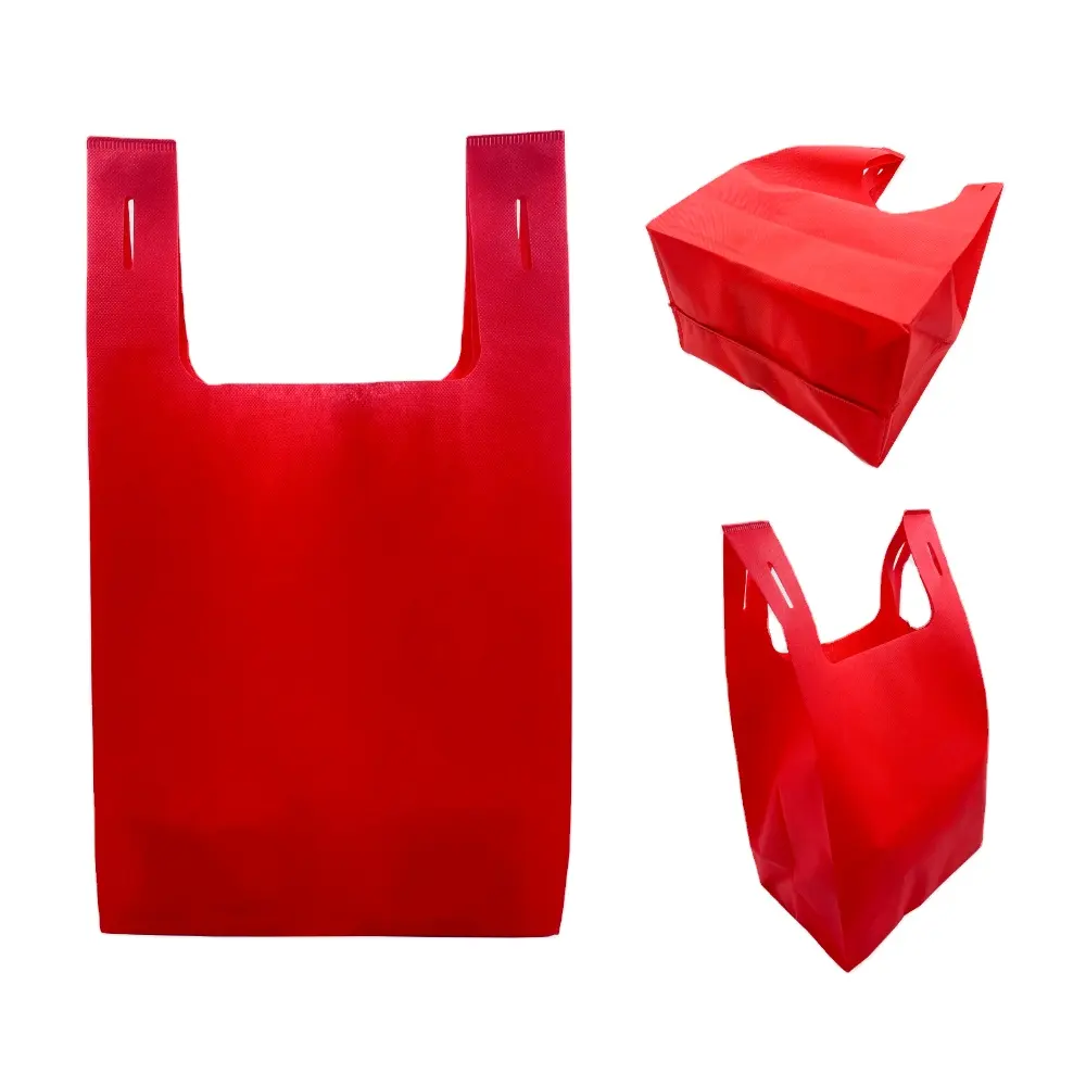 אדום מקבל חומר לא ארוג ידידותי לסביבה מותאם אישית סופרמרקט קניות תיק אפוד תיק חולצת טריקו שקיות ממוחזרות לקניות חיים