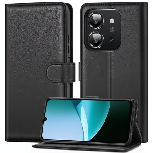 QY PU Leather Magnetic Wallet with Special Craft & Tempered Glass Flip Stand Video Function & Card Holder for Redmi 15C
