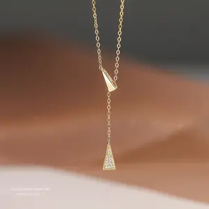 DAIHE 2024 Summer New S925 Pure Silver Gold Plated Long Triangle Necklace Women's Y-shaped Pendant