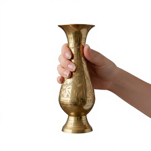 Hand Carved Brass Vase With Traditional Design For Flower Green <b>Plant</b> Desktop Use Antique Style Durable Finishing - Product Image 1