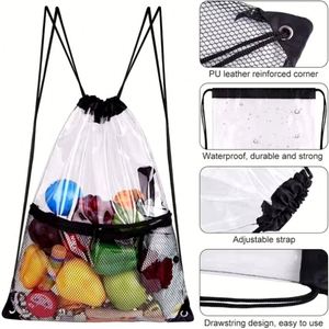 Custom Logo PVC Drawstring Gym Backpack Bag - Wholesale, Waterproof, Transparent Mesh Pocket, Zipper Closure, Promotional <b>Gifts</b> - Product Image 3
