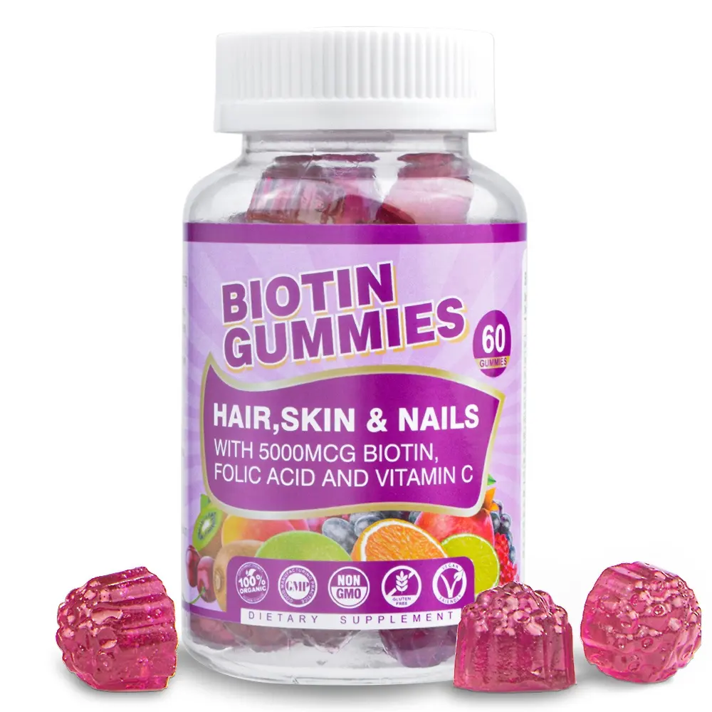 Pemasok Halal Vegan Biotin untuk Gummy Pertumbuhan Rambut untuk Kuku Kulit Asam Folat Tanpa Gelatin Gummy Rambut Vitamin Gummies Ungu
