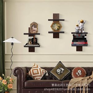 Wooden Double Layer Wall Mounted <b>Shelf</b> Brown Rectangle Floating Storage <b>Rack</b> For Home Decoration Living Room Bookshelf Plant - Product Image 2