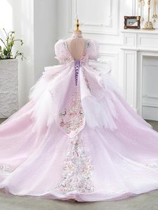 Vestido de Princesa para Niñas con Bordado Floral y Mangas Abullonadas con Cuentas, de Alta Gama, Estilo Lujoso y Exclusivo, para Fiestas de Cumpleaños, Color Rosa - Product Image 3