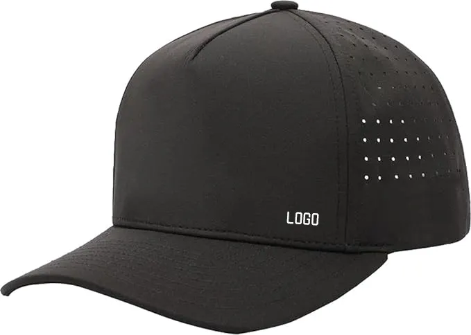 5 Panel Custom Logo Waterproof Laser Cut Hole Perforated Black Light Grey Quick Dry Baseball Cap Breathable Running Golf Hat